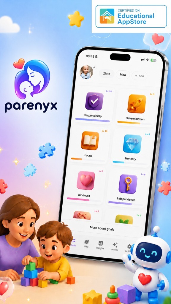 Inicio de Parenyx con metas, familia y el sello de Educational App Store